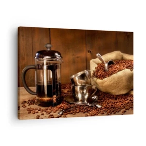Canvastavla - Bild på duk - Fransk press, koppar och en påse kaffe på en träbakgrund - 70x50cm - Kaffets charm - arom och smak - Modern väggdekoration för vardagsrum och sovrum ARTTOR