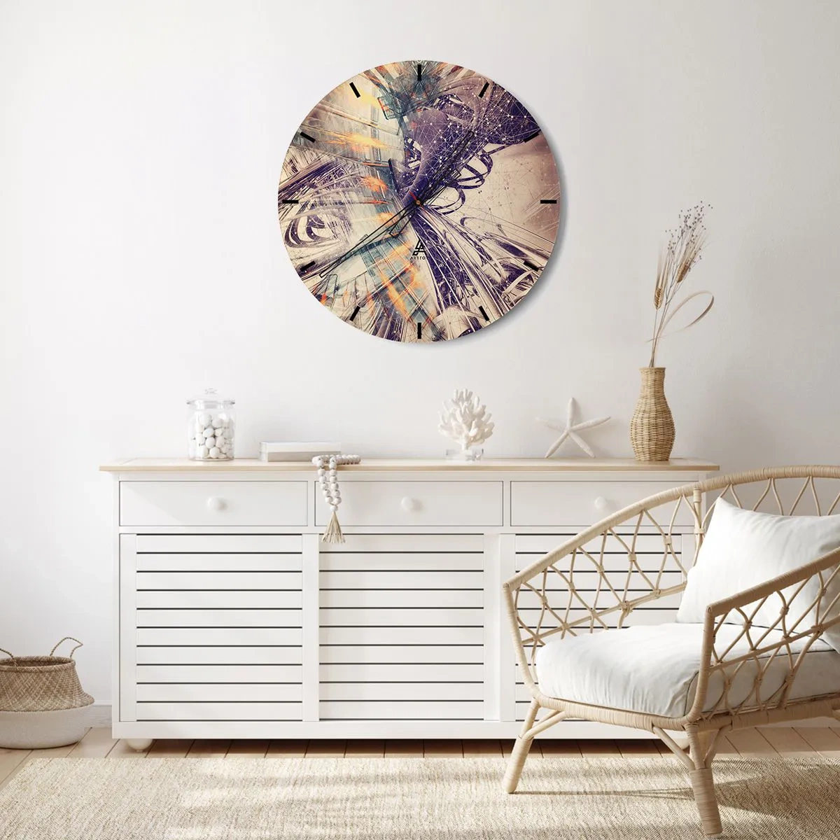 Väggklocka - Klocka på glas - Abstrakt geometrisk komposition i nyanser av beige och lila - 30x30cm - Med hög fart - Modern väggdekoration för vardagsrum, kök och sovrum ARTTOR
