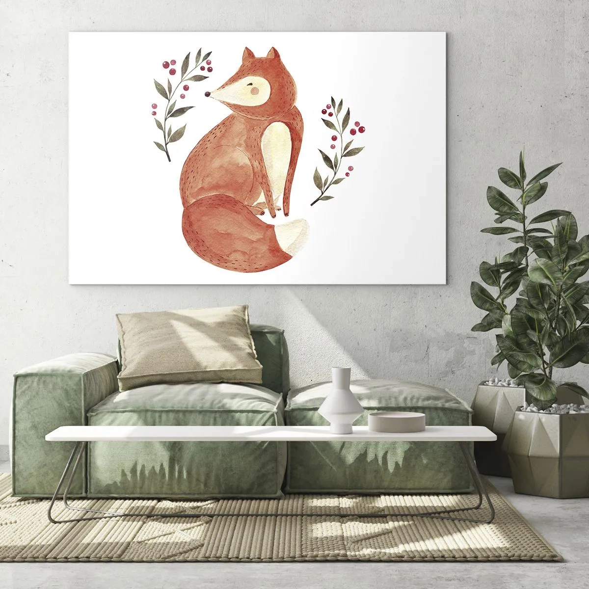 Glastavla - Bild på glas - Bedårande akvarell räv med kvistar och bär - 70x50cm - Liten rödhårig - Modern väggdekoration för vardagsrum och sovrum ARTTOR