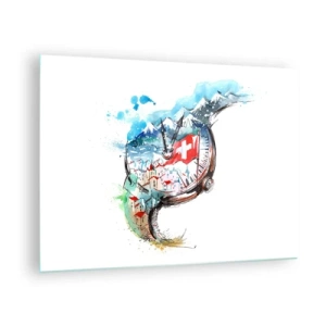 Glastavla - Bild på glas - Akvarellmålning av ett schweiziskt landskap med en flagga och en klocka - 70x50cm - Schweiz anda - Modern väggdekoration för vardagsrum och sovrum ARTTOR