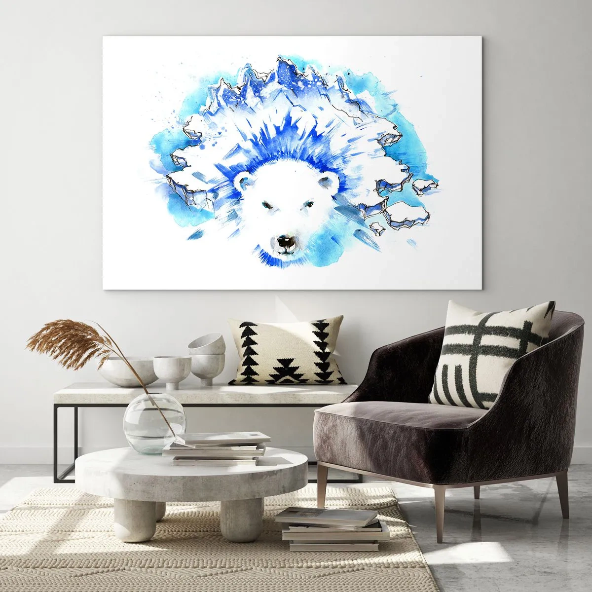 Glastavla - Bild på glas - En isbjörn mot en bakgrund av isiga berg i nyanser av blått. - 70x50cm - Arktis kung i iskrona - Modern väggdekoration för vardagsrum och sovrum ARTTOR