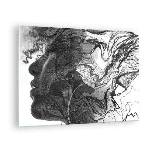Glastavla - Bild på glas - Svartvit silhuett av en kvinna med abstrakta linjer - 70x50cm - Tilltrasslad i drömmarna - Modern väggdekoration för vardagsrum och sovrum ARTTOR