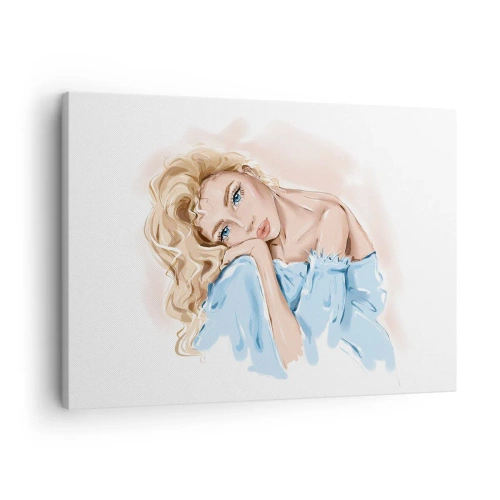 Canvastavla - Bild på duk - Porträtt av en kvinna i en blå klänning med blont hår - 70x50cm - Drömmande i blått - Modern väggdekoration för vardagsrum och sovrum ARTTOR