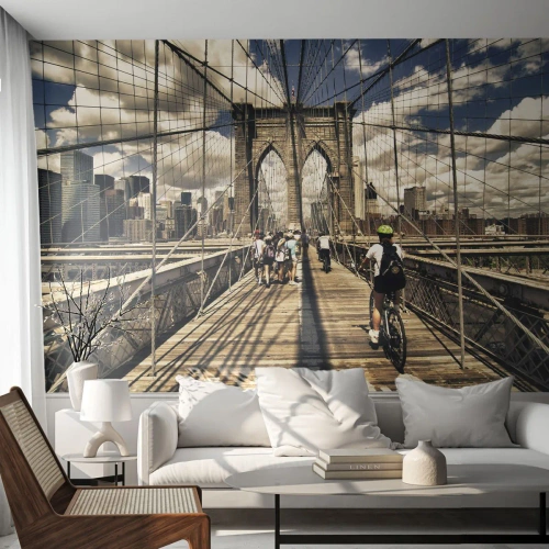 Fototapet Premium Sand - Direkt till stadens kärna - Brooklyn Bridge, New York, Stad - 200x140 cm