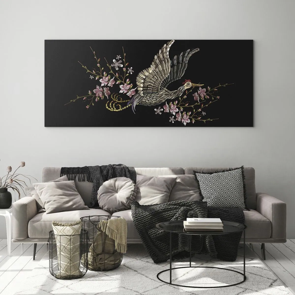 Glastavla - Bild på glas - Exotisk, broderad fågel - 120x50 cm