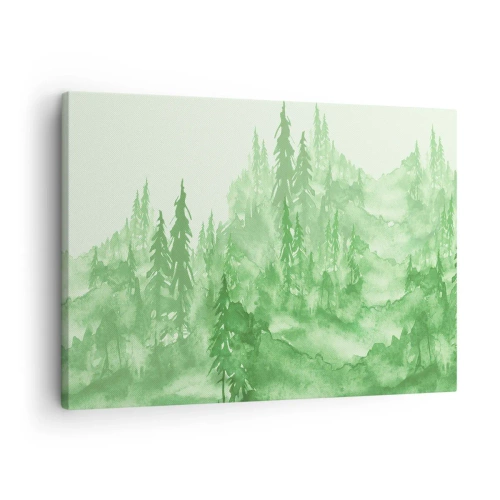 Canvastavla - Bild på duk - Grön skog i akvarellstil på en ljus bakgrund - 70x50cm - Suddig i grön dimma - Modern väggdekoration för vardagsrum och sovrum ARTTOR