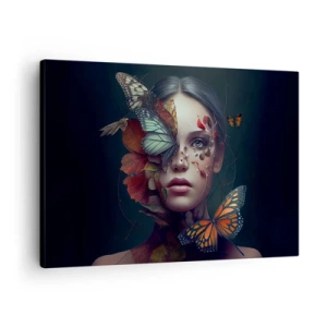 Canvastavla - Bild på duk - Porträtt av en kvinna med fjärilar och växtelement - 70x50cm - En underbar metamorfos - Modern väggdekoration för vardagsrum och sovrum ARTTOR