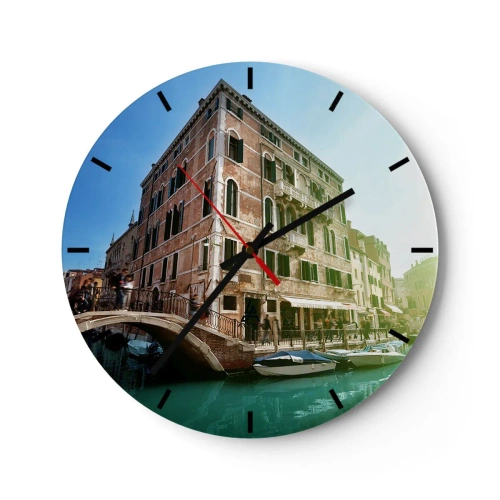 Väggklocka - Klocka på glas - Venedig med en bro och en vattenkanal - 30x30cm - Venedig - Amore Mio - Modern väggdekoration för vardagsrum, kök och sovrum ARTTOR