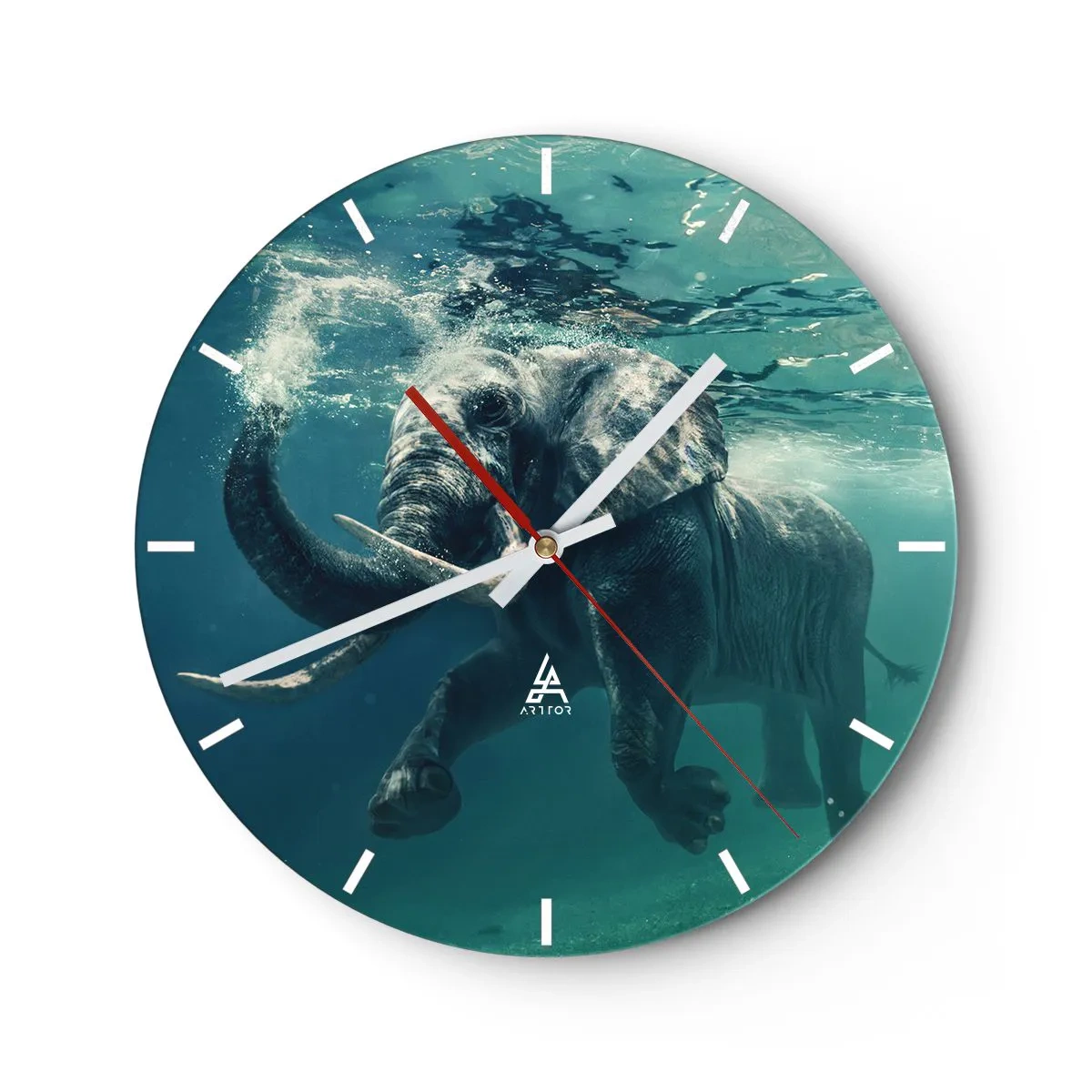 Väggklocka - Klocka på glas - En elefant som simmar under vattnet i sin naturliga omgivning - 30x30cm - Alla tycker om att simma - Modern väggdekoration för vardagsrum, kök och sovrum ARTTOR