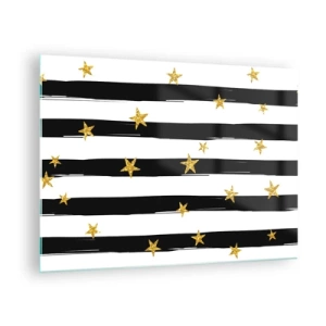Glastavla - Bild på glas - Svarta och vita ränder med guldstjärnor - 70x50cm - Alla är vi födda under lycklig stjärna - Modern väggdekoration för vardagsrum och sovrum ARTTOR
