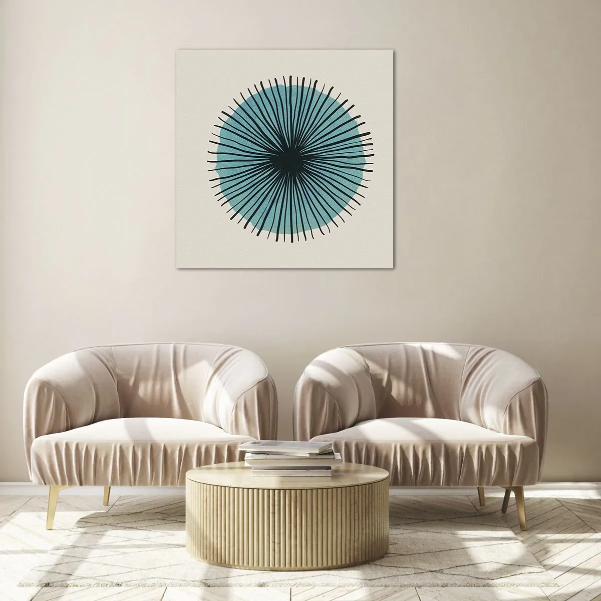 Glastavla - Bild på glas - Radier mot blått - 50x50 cm