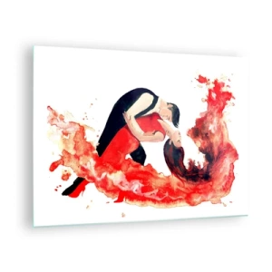 Glastavla - Bild på glas - Ett par som dansar i en dynamisk, röd akvarellkomposition - 70x50cm - Tango - den sensuella vågen - Modern väggdekoration för vardagsrum och sovrum ARTTOR