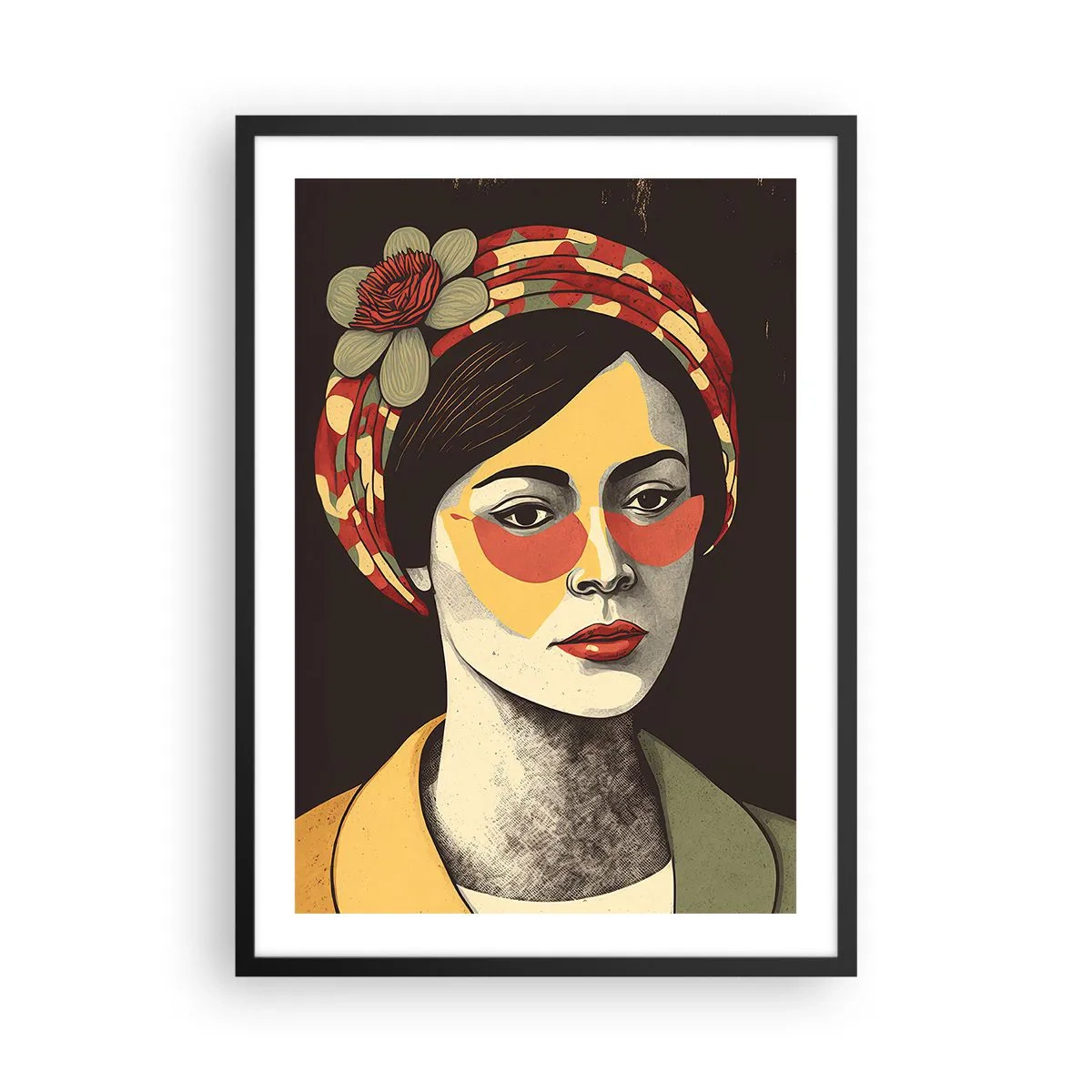 Affisch i svart ram - Stiliserat porträtt av en kvinna i turban med blommig accent - 50x70cm - Koralldam - Modern väggdekoration för vardagsrum och sovrum ARTTOR