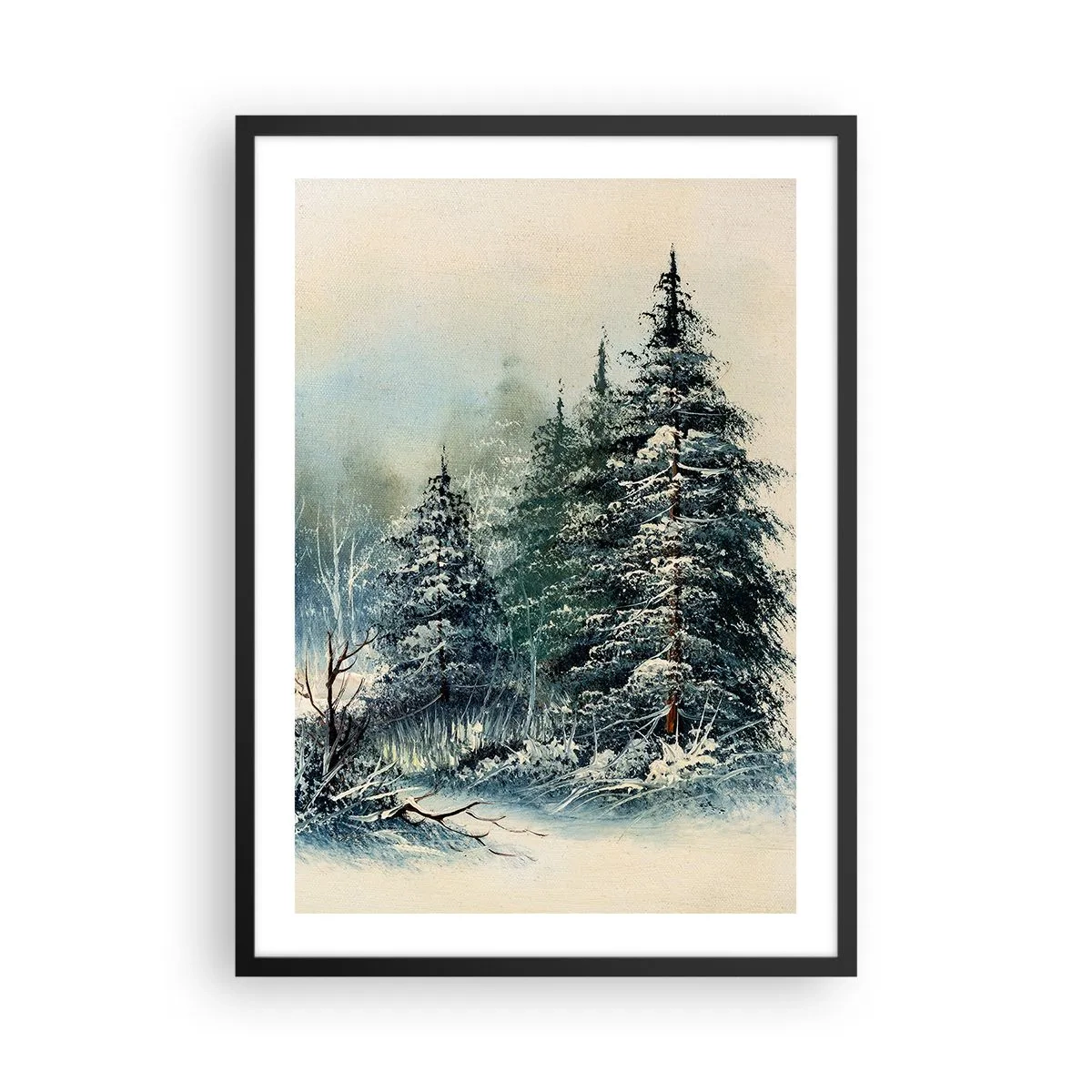 Affisch i svart ram - Snötäckta träd i en vinterskog mot en lugn himmel - 50x70cm - Redo för Julen - Modern väggdekoration för vardagsrum och sovrum ARTTOR