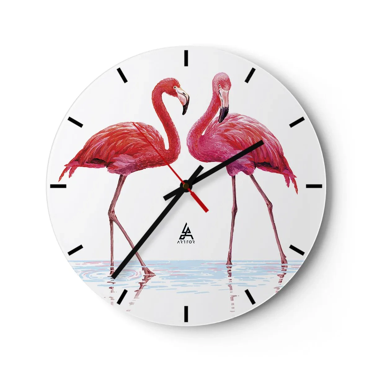 Väggklocka - Klocka på glas - Två rosa flamingos som står i vattnet - 30x30cm - Rosa rendez-vous - Modern väggdekoration för vardagsrum, kök och sovrum ARTTOR