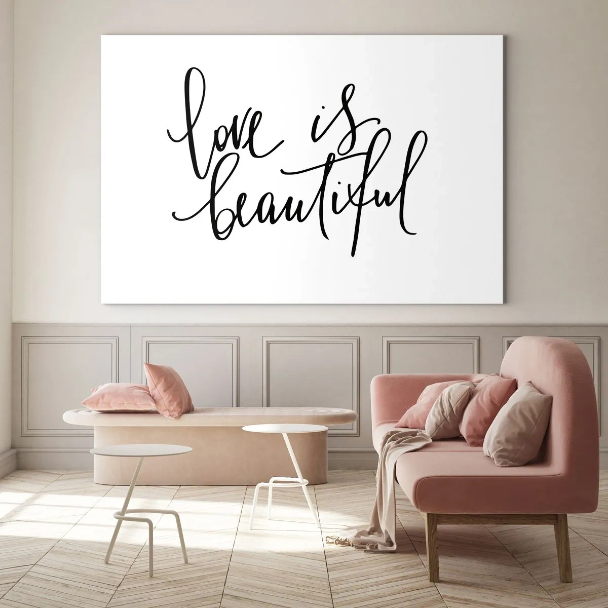 Glastavla - Bild på glas - Citatet "kärlek är vacker" i elegant, handskriven stil mot vit bakgrund - 70x50cm - Läs och upprepa - Modern väggdekoration för vardagsrum och sovrum ARTTOR