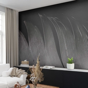 Fototapet Standard Eco - Makrofotografi av en svartvit fjäder mot svart bakgrund - 100x70cm - Fjäder - en underbar konstruktion - Modern väggdekoration för vardagsrum och sovrum ARTTOR