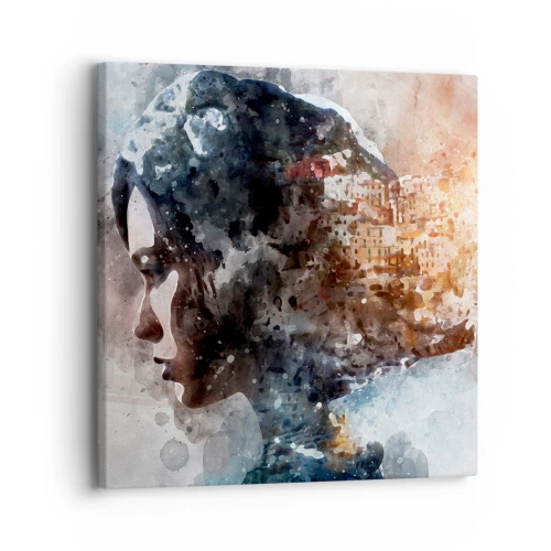 Canvastavla - Bild på duk - Berättelse om en tjej med en stad i bakgrunden - 30x30 cm