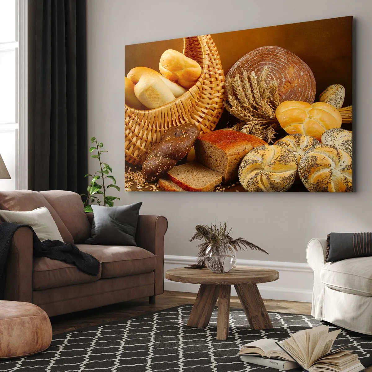 Canvastavla - Bild på duk - Olika bröd i en rottingkorg på en guldbakgrund - 70x50cm - Vi kom undan igen - Modern väggdekoration för vardagsrum och sovrum ARTTOR