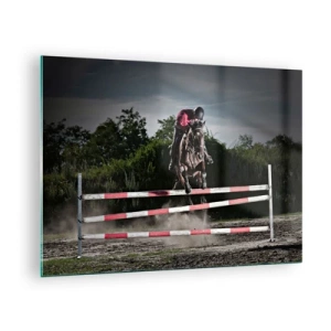 Glastavla - Bild på glas - En ryttare på en häst hoppar över ett hinder mot bakgrund av naturen - 70x50cm - Tillsammans mot seger - Modern väggdekoration för vardagsrum och sovrum ARTTOR