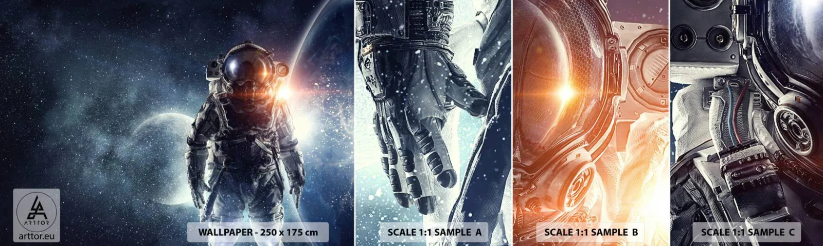 Provbit av självhäftande fototapet Deluxe Sticker - Äventyr i rymden - Kosmos, Astronaut, Stjärnor - 100x30 cm