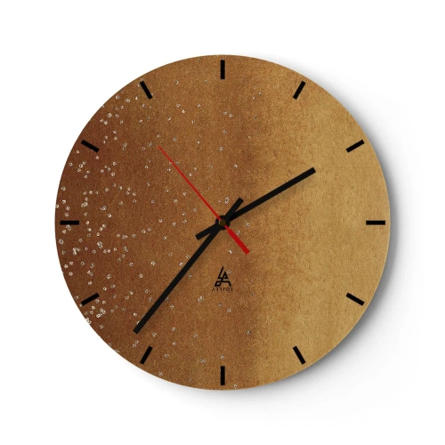 Väggklocka - Klocka på glas - Ett gyllene abstrakt mönster med subtila reflektioner och textur. - 30x30cm - Ljusets födsel - Modern väggdekoration för vardagsrum, kök och sovrum ARTTOR