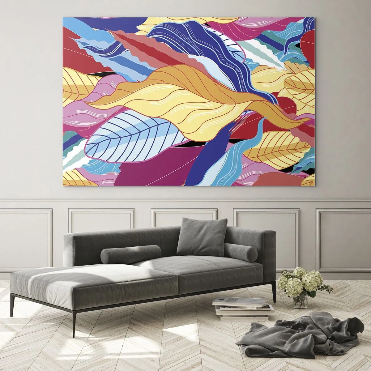 Glastavla - Bild på glas - Färgglada abstrakta löv på en glasbakgrund - 70x50cm - Färgglad röra - Modern väggdekoration för vardagsrum och sovrum ARTTOR