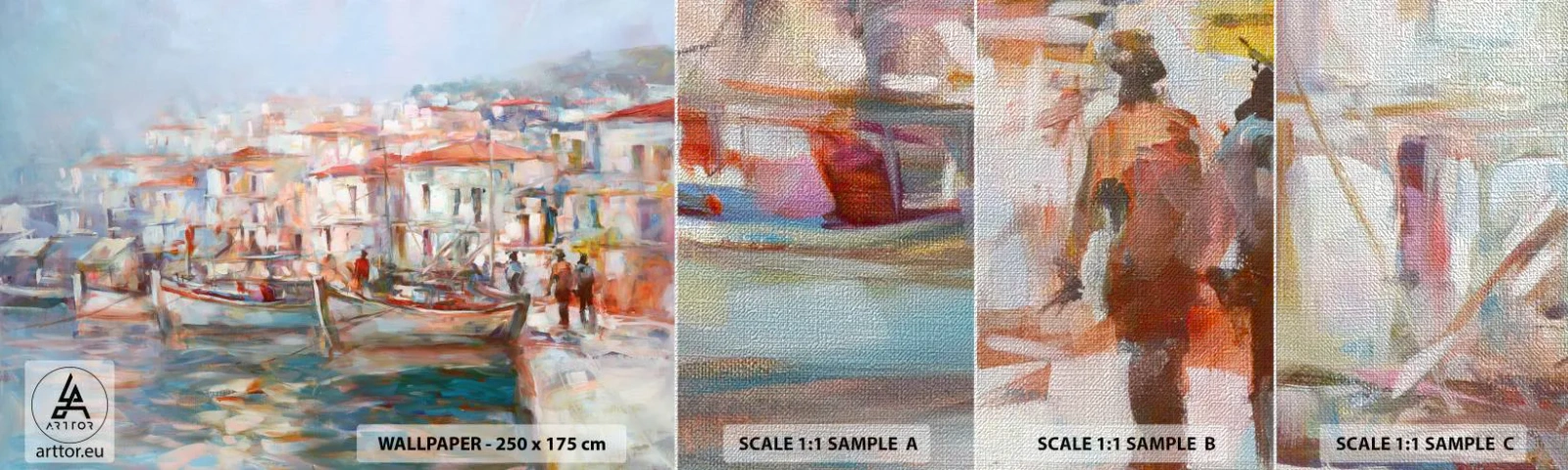 Provbit av fototapet Premium Canvas - Pastellfärgad semester - Hamnstad, Arkitektur, Fiskebåt - 100x30 cm