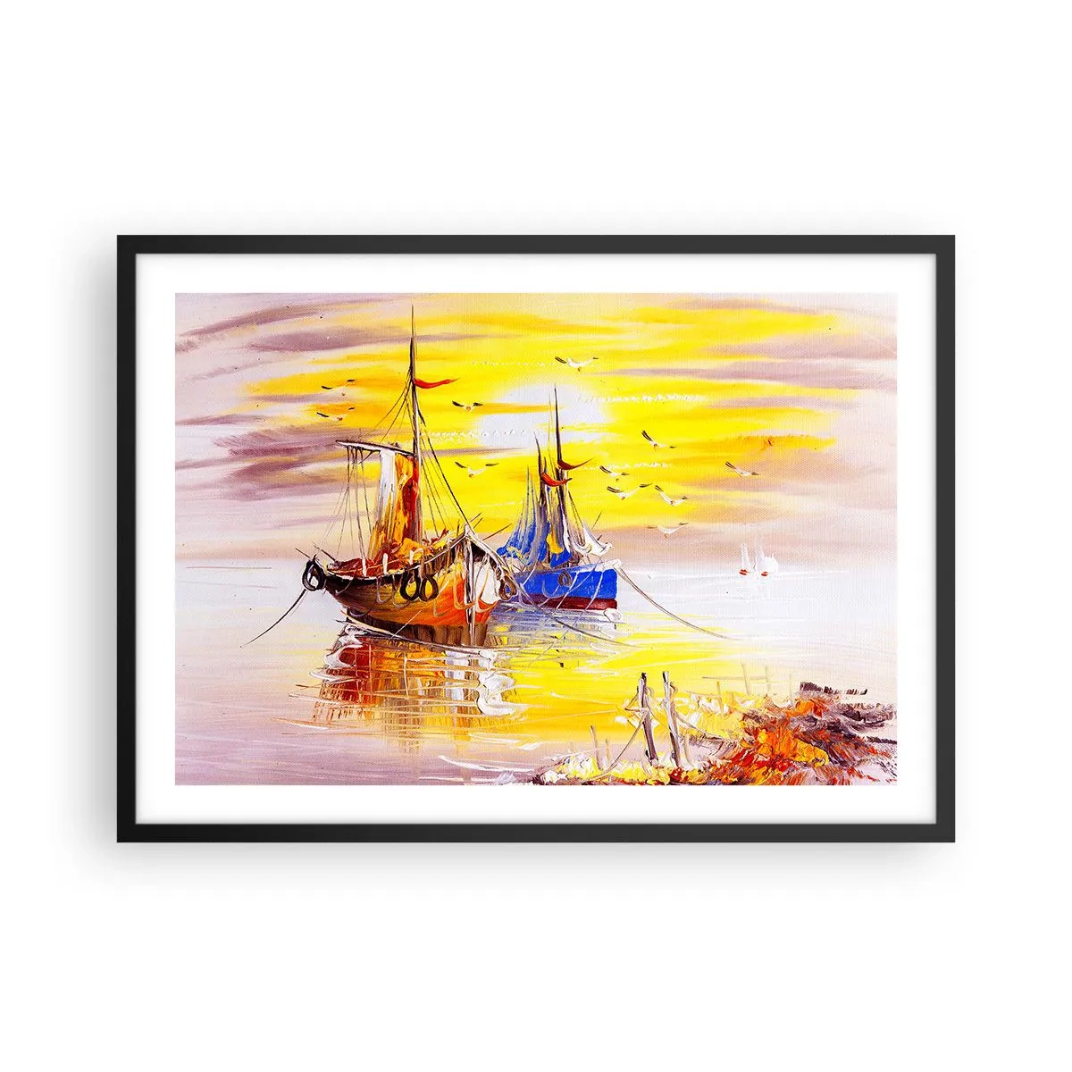 Affisch i svart ram - Välförtjänt vila i hamnen - 70x50 cm