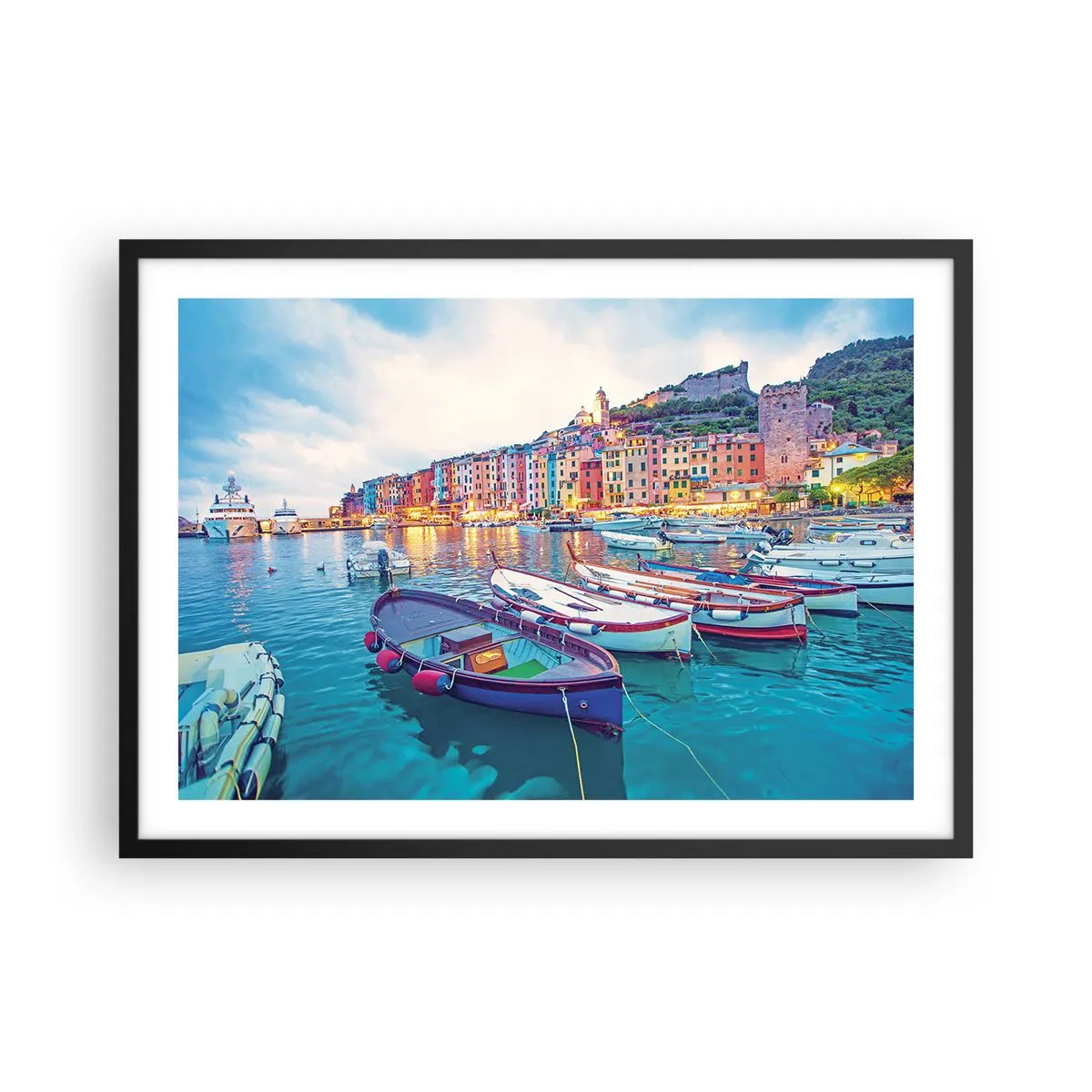 Affisch i svart ram - Färgglad kväll i hamnen - 70x50 cm