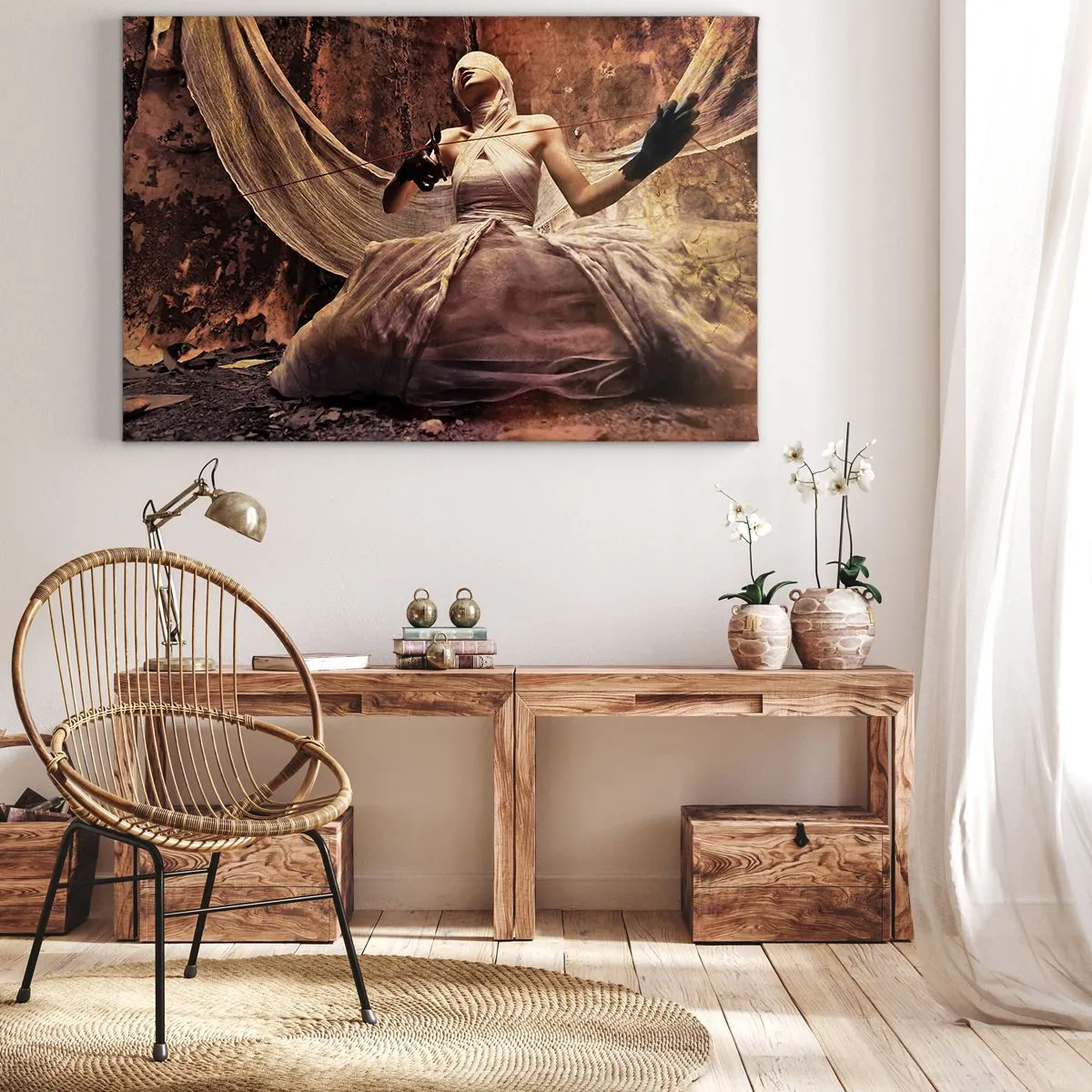 Canvastavla - Bild på duk - En kvinna i klänning med ansiktet täckt och sax i händerna - 70x50cm - Ödesgudinna - Modern väggdekoration för vardagsrum och sovrum ARTTOR