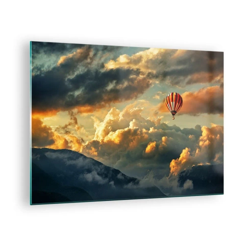 Glastavla - Bild på glas - En ballong som svävar över bergen bland molnen vid solnedgången - 70x50cm - Jag flyger för jag vill - Modern väggdekoration för vardagsrum och sovrum ARTTOR