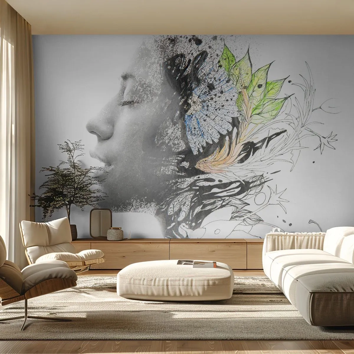 Självhäftande Fototapet Deluxe Sticker - Doppad i naturen - Abstraktion, Kvinnans ansikte, Blommor - 250x175 cm