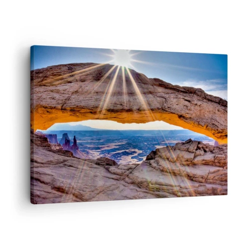 Canvastavla - Bild på duk - Klippbåge med utsikt över kanjonen vid soluppgången - 70x50cm - Genom bergsporten - Modern väggdekoration för vardagsrum och sovrum ARTTOR