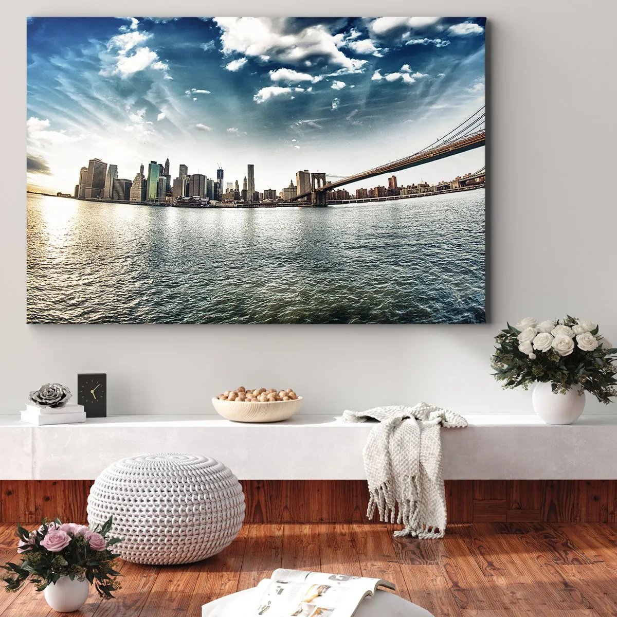Canvastavla - Bild på duk - Panorama över staden med en bro mot den blå himlen - 70x50cm - Glasö - Modern väggdekoration för vardagsrum och sovrum ARTTOR
