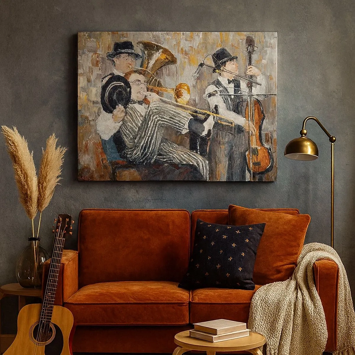Canvastavla - Bild på duk - Jazzmusiker i målerisk stil under en konsert - 70x50cm - Hela den jazzmusiken - Modern väggdekoration för vardagsrum och sovrum ARTTOR
