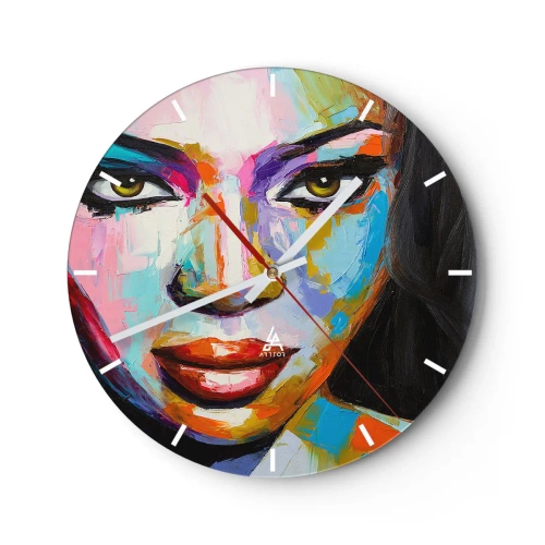 Väggklocka - Klocka på glas - Ett färgstarkt porträtt av en kvinna i intensiva färger - 30x30cm - Kan inte ta ögonen från henne - Modern väggdekoration för vardagsrum, kök och sovrum ARTTOR