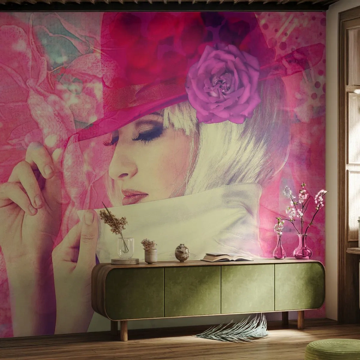 Självhäftande Fototapet Deluxe Sticker - Retroporträtt i rosa ångor - Kvinna I En Hatt, Blommor, Mode - 250x175 cm