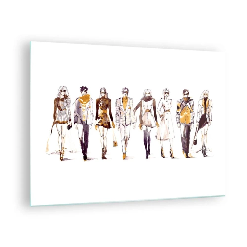 Glastavla - Bild på glas - Grupp av fashionabla karaktärer i skissstil på vit bakgrund - 70x50cm - Otvunget mode, fri elegans - Modern väggdekoration för vardagsrum och sovrum ARTTOR
