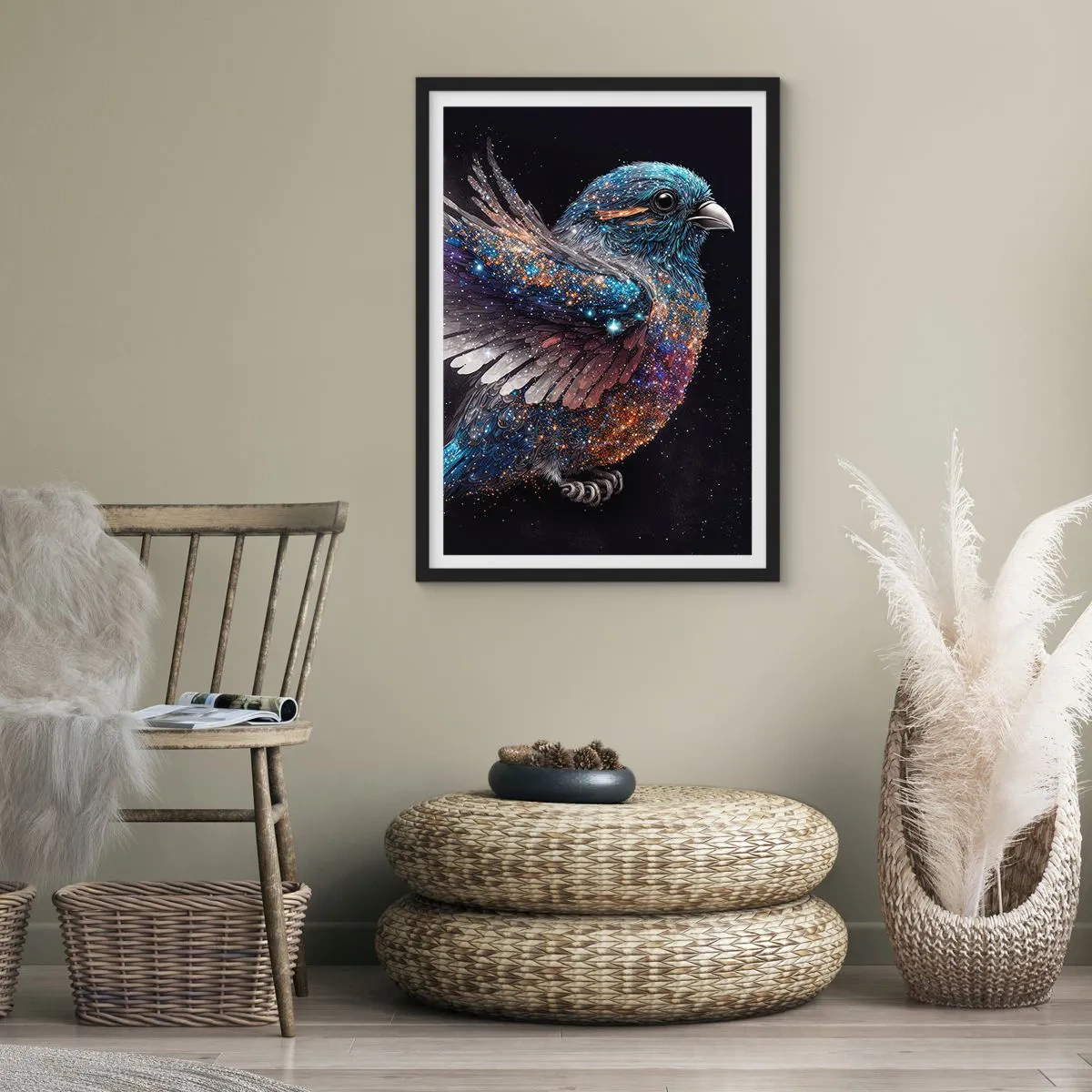 Affisch i svart ram - En rymdfågel med stjärnfjäderdräkt på svart bakgrund - 50x70cm - Diamant sparv - Modern väggdekoration för vardagsrum och sovrum ARTTOR