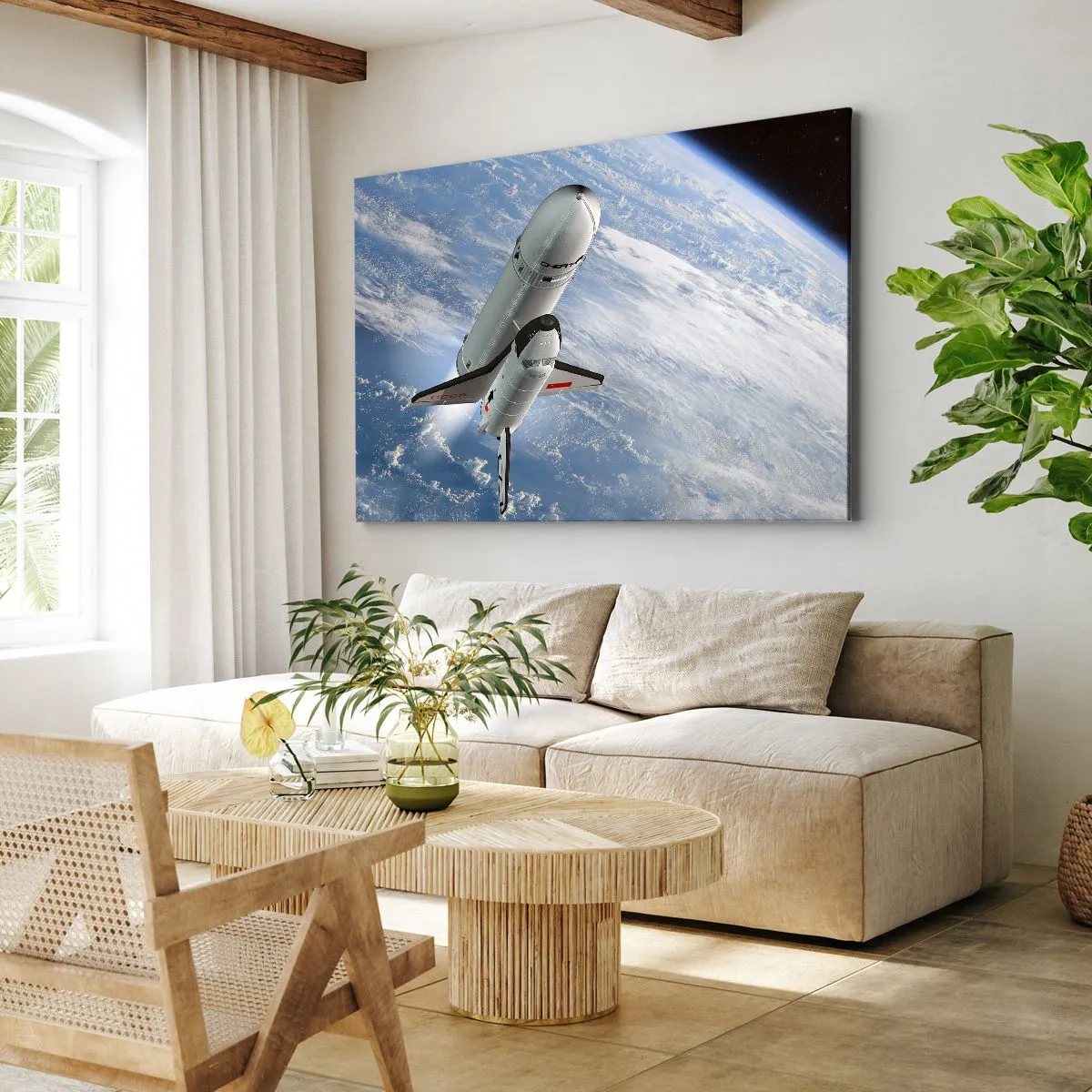 Canvastavla - Bild på duk - En rymdraket som stiger mot jordens bakgrund - 70x50cm - Rymdfärd - Modern väggdekoration för vardagsrum och sovrum ARTTOR