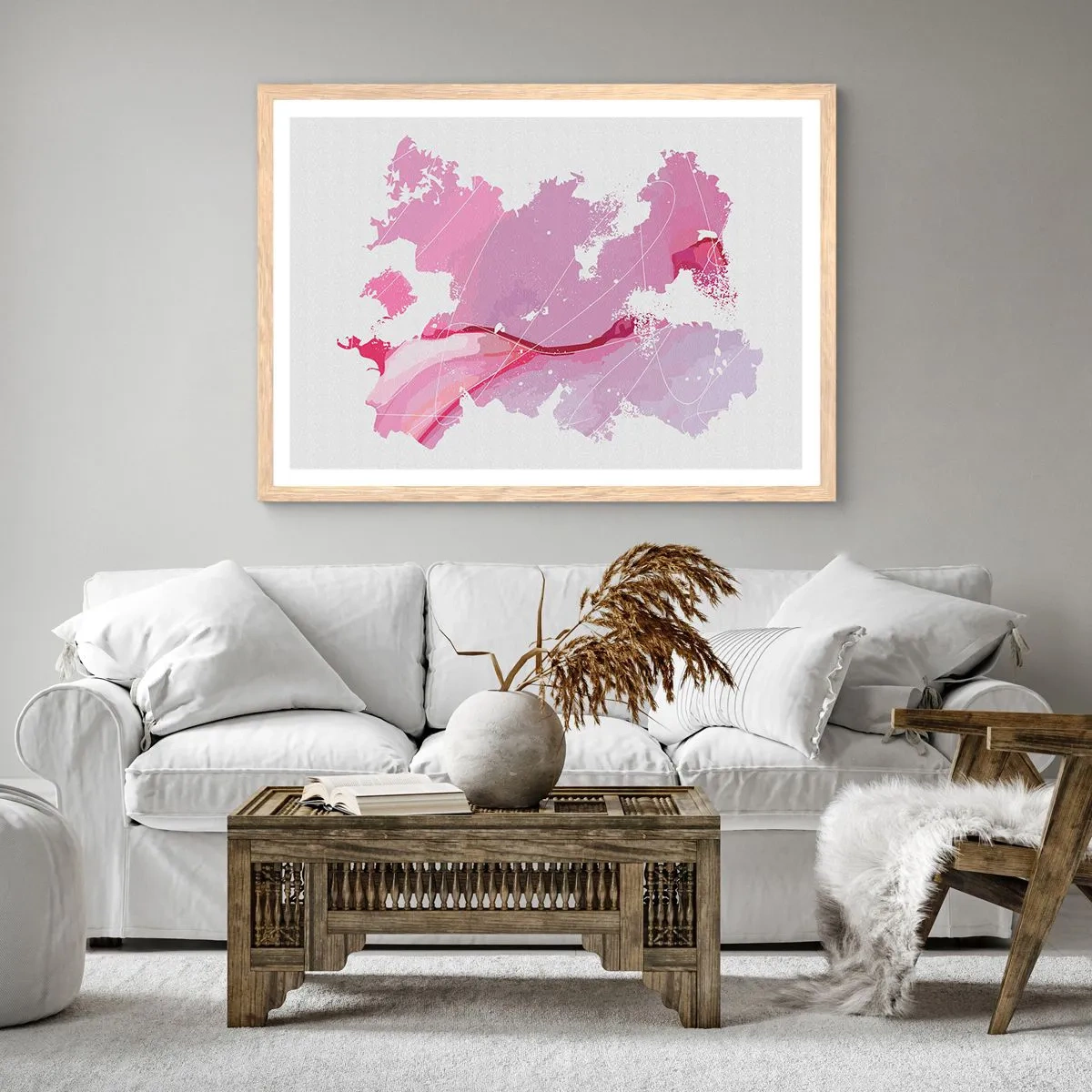 Affisch i ram av ljusek - Karta över en rosa värld - 100x70 cm