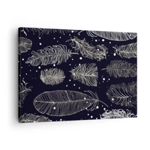 Canvastavla - Bild på duk - Fina vita fjädrar på en marinblå bakgrund - 70x50cm - Fjäderspets - Modern väggdekoration för vardagsrum och sovrum ARTTOR