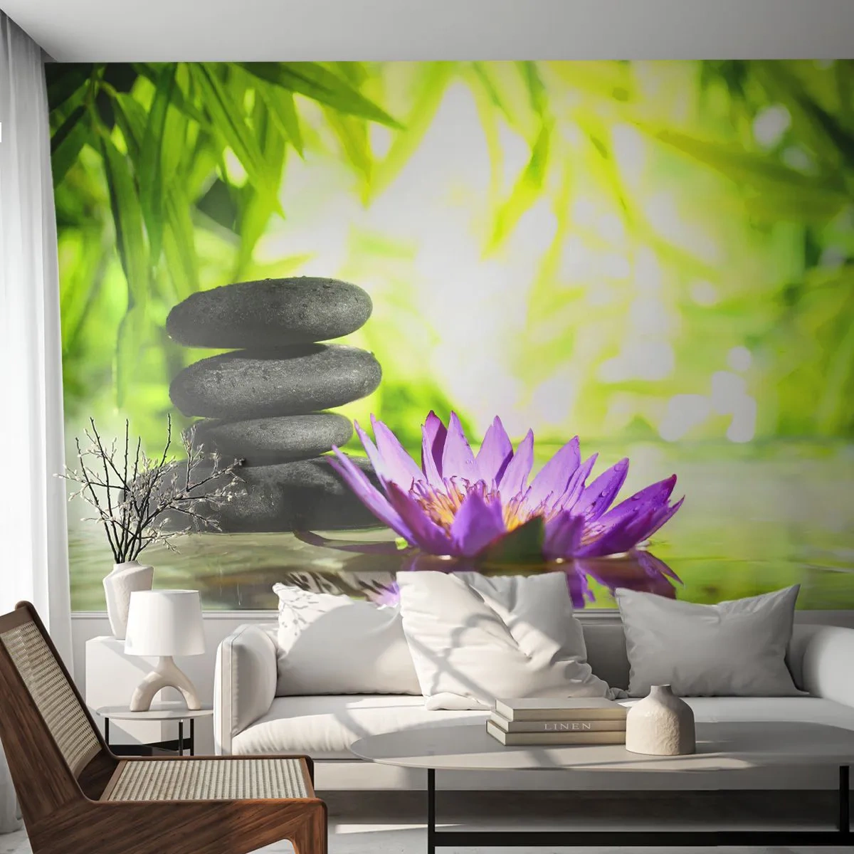 Fototapet Premium Sand - I en bambushage - Blomma, Lotus blomma, Bambu - 100x70 cm