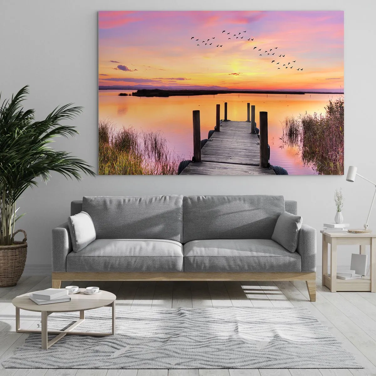 Glastavla - Bild på glas - Sjöpiren vid solnedgången med fåglar på himlen - 70x50cm - Tyst viol gryning - Modern väggdekoration för vardagsrum och sovrum ARTTOR