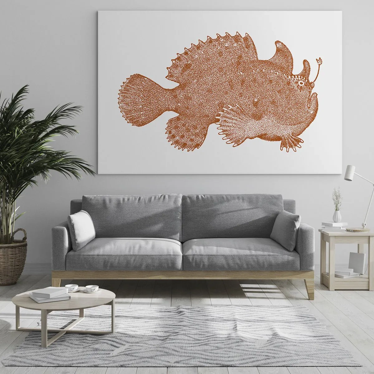 Glastavla - Bild på glas - En rostig teckning av en djuphavsfisk gjord med pricktekniken - 70x50cm - Och ändå en fisk - Modern väggdekoration för vardagsrum och sovrum ARTTOR