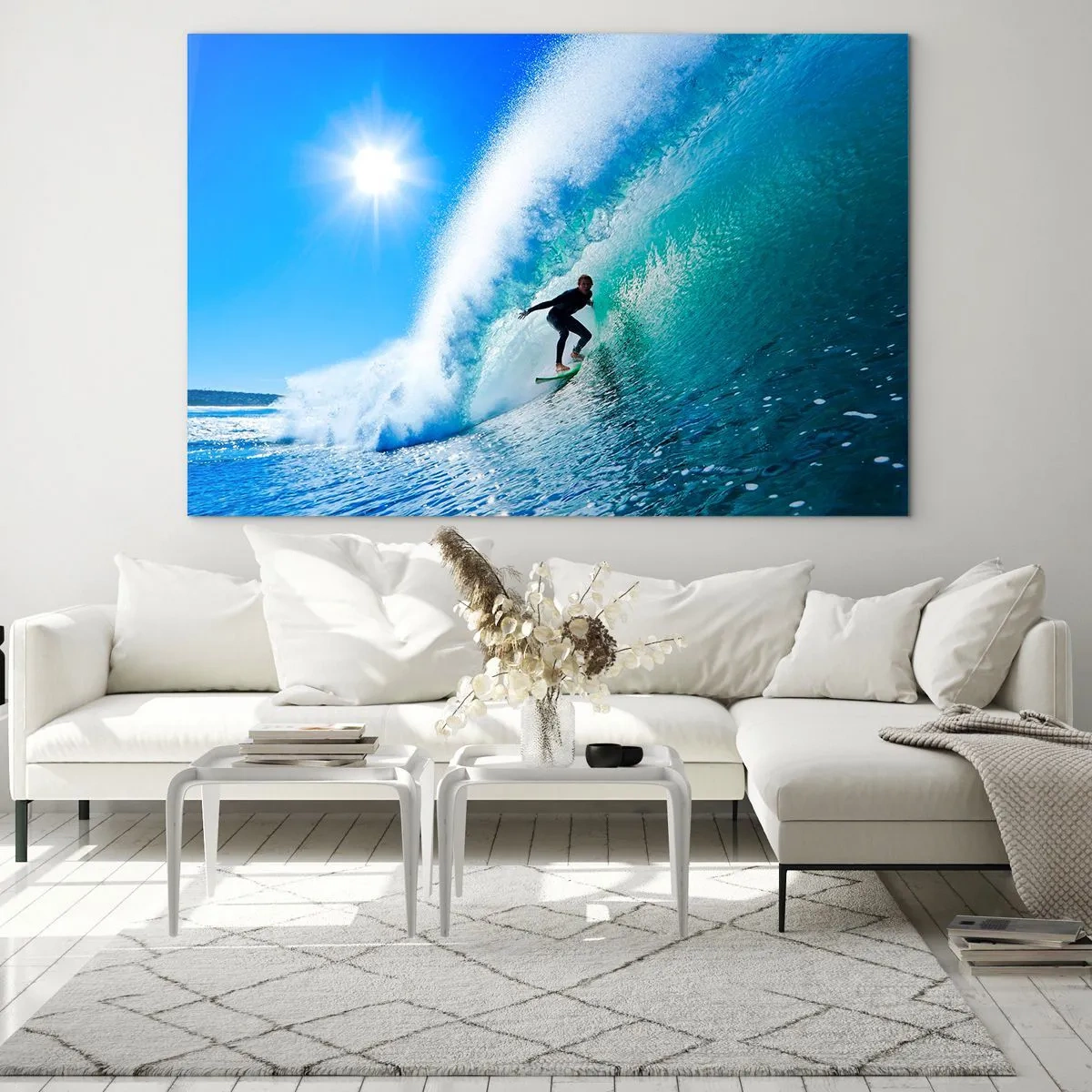 Glastavla - Bild på glas - Surfare på en våg på en solig dag - 70x50cm - Genom stora blåa - Modern väggdekoration för vardagsrum och sovrum ARTTOR