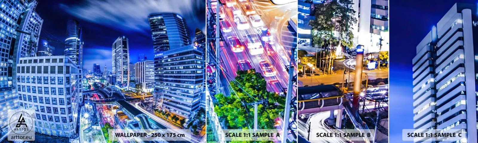 Provbit av självhäftande fototapet Deluxe Sticker - Stadens nattrytmer - Stad, Bangkok, Arkitektur - 100x30 cm