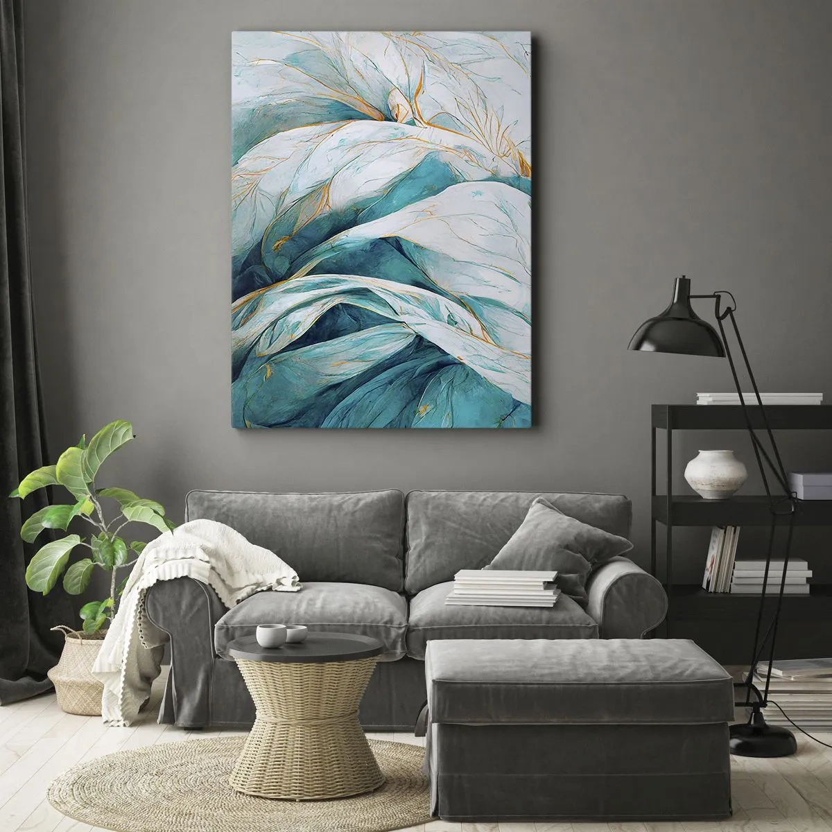 Canvastavla - Bild på duk - Blå abstraktion med guldmotiv - 50x70 cm