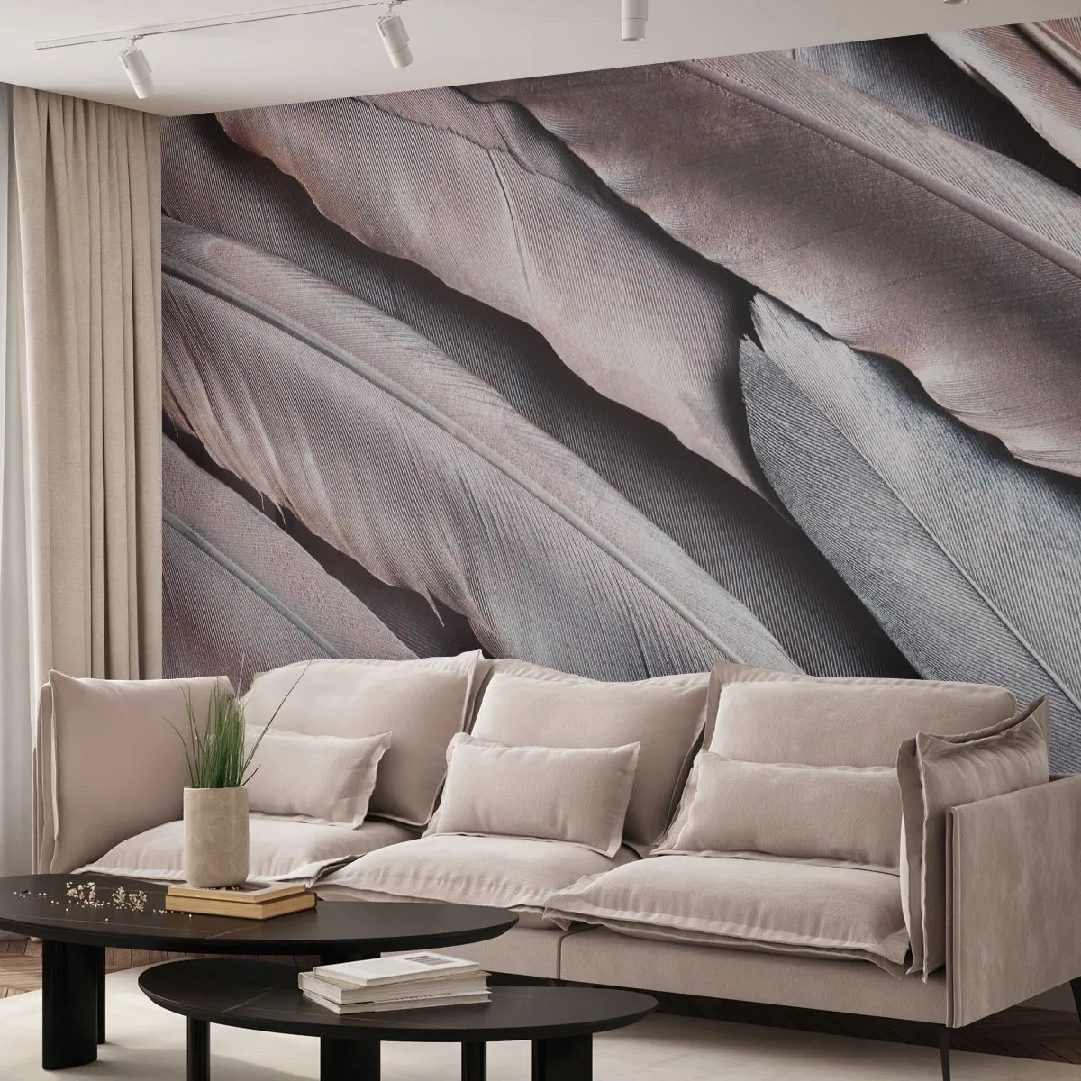 Fototapet Premium Sand - I rosa silver - Fågelfjäder, Grafik, Boho - 350x256 cm